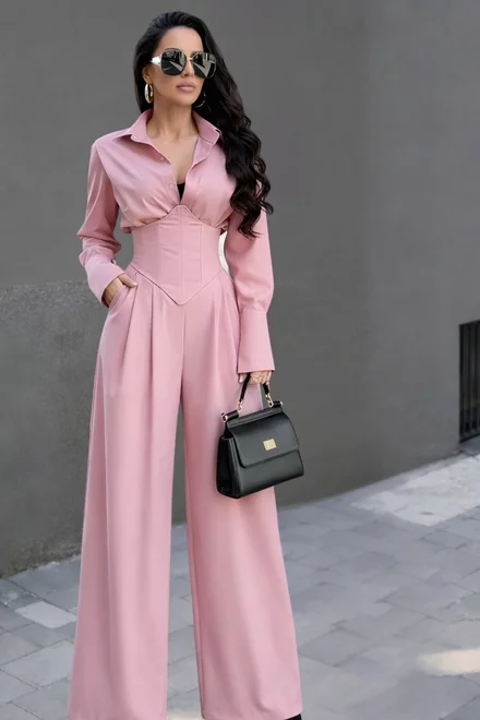Compleu de Dama, Camasa cu Brau Tip Corset si Pantalon Lung Evazat, din Bistrech, Iris, Roz