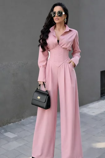 Compleu de Dama, Camasa cu Brau Tip Corset si Pantalon Lung Evazat, din Bistrech, Iris, Roz