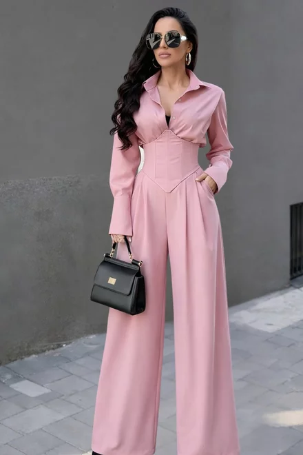 Compleu de Dama, Camasa cu Brau Tip Corset si Pantalon Lung Evazat, din Bistrech, Iris, Roz