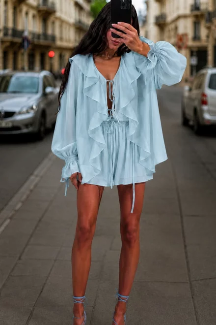 Compleu de Dama, Camasa si Fusta Pantalon din Voal, din Doua Piese, Lazyo, Albastru