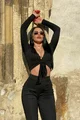 Compleu de Dama Casual cu Pantaloni Evazati si Bluza din Lycra, Negru