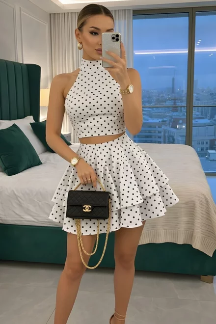 Compleu de Dama, cu Buline, din Bistrech, cu Top si Fusta, Tessa, Alb