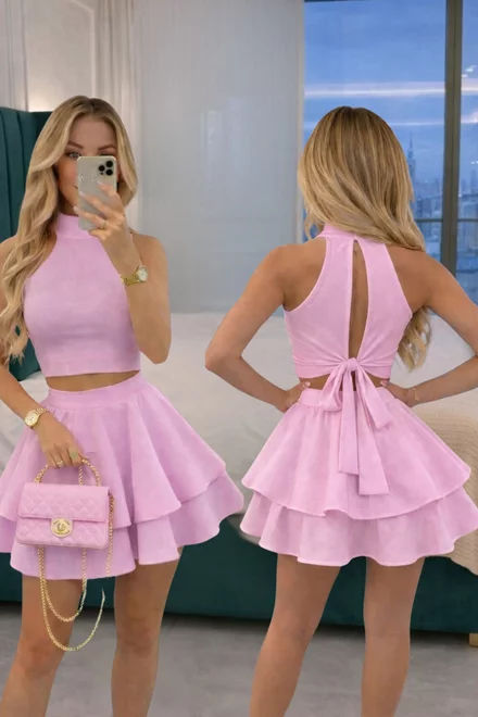 Compleu de Dama, cu Fusta si Top Scurt, din Bistrech, Glam, Roz