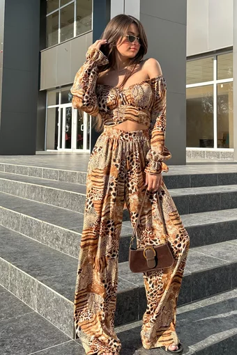 Compleu de Dama, cu Print Leopard, Format din Doua Piese, Top cu Cordon si Pantalon Lejer cu Buzunare, Antalya, Leopard