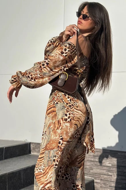 Compleu de Dama, cu Print Leopard, Format din Doua Piese, Top cu Cordon si Pantalon Lejer cu Buzunare, Antalya, Leopard