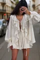 Compleu de Dama, de Vara Lejer, din Voal Satinat, Format din Camasa Oversize si Pantalon Scurt, cu Sireturi Decorative, Gold, Ivoire