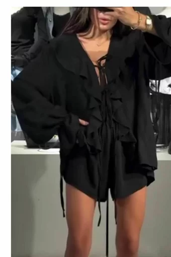 Compleu de Dama, de Vara Lejer, Format din Camasa Oversize si Pantalon Scurt, cu Sireturi Decorative, Yasmin, Negru