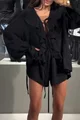 Compleu de Dama, de Vara Lejer, Format din Camasa Oversize si Pantalon Scurt, cu Sireturi Decorative, Yasmin, Negru