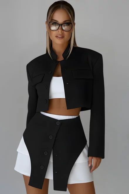 Compleu de Dama, dib Bistrech, Sacou Scurt si Fusta cu Polin Alb, Musse, Negru