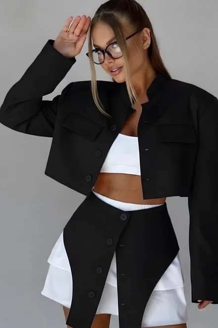 Compleu de Dama, dib Bistrech, Sacou Scurt si Fusta cu Polin Alb, Musse, Negru