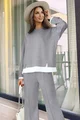 Compleu de Dama din 2 Piese, Pantalon Lejer si Hanorac Oversize, cu Mansete si Banda Tip Camasa in Contrast, Squid, Gri