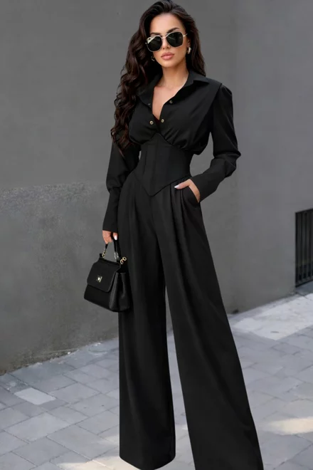 Compleu de Dama, din Bistrech, Bluza cu Brau Tip Corset si Pantalon Lejer, Sicily, Negru