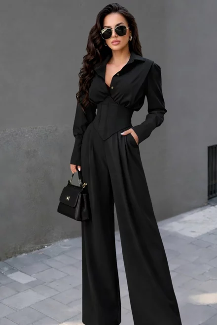 Compleu de Dama, din Bistrech, Bluza cu Brau Tip Corset si Pantalon Lejer, Sicily, Negru