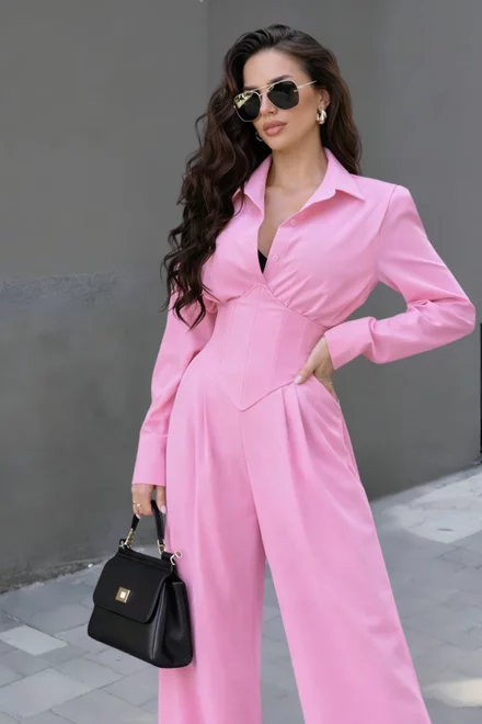 Compleu de Dama, din Bistrech, Camasa cu Brau Tip Corset si Pantalon Lejer, Hannelise, Roz Bon Bon