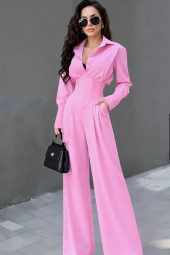 Compleu de Dama, din Bistrech, Camasa cu Brau Tip Corset si Pantalon Lejer, Hannelise, Roz Bon Bon