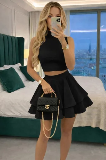 Compleu de Dama, din Bistrech, cu Fusta si Top Scurt, Velina, Negru