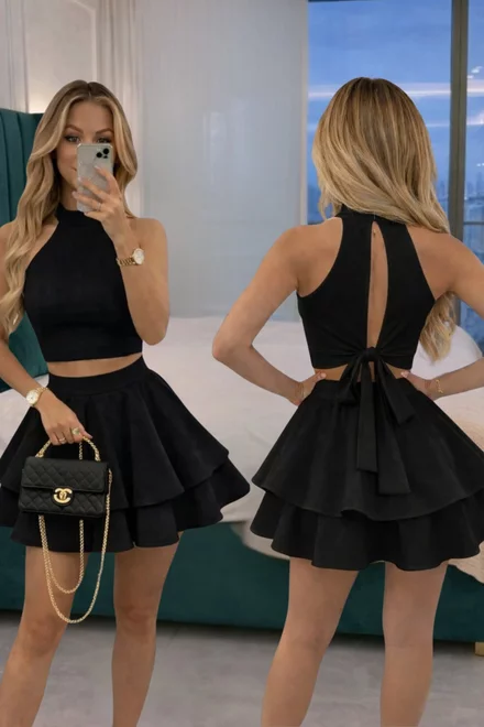 Compleu de Dama, din Bistrech, cu Fusta si Top Scurt, Velina, Negru