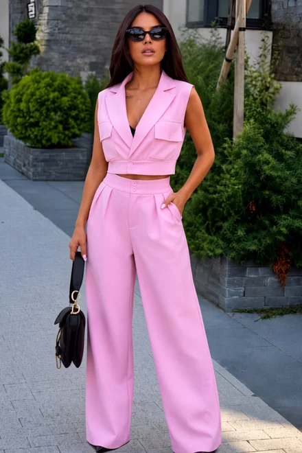 Compleu de Dama din Bistrech, Doua Piese, cu Vesta si Pantalon Lung, Lejer, Seraya, Roz