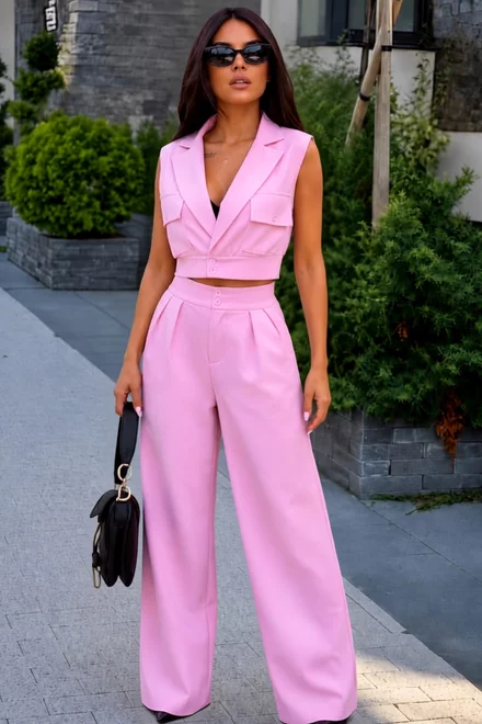 Compleu de Dama din Bistrech, Doua Piese, cu Vesta si Pantalon Lung, Lejer, Seraya, Roz