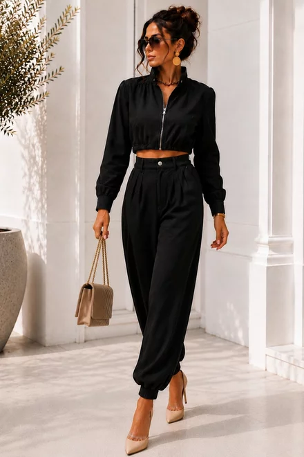 Compleu de Dama, din Bistrech, Doua Piese, Jacheta si Pantalon, Jacky, Negru