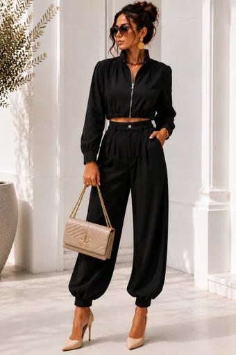 Compleu de Dama, din Bistrech, Doua Piese, Jacheta si Pantalon, Jacky, Negru