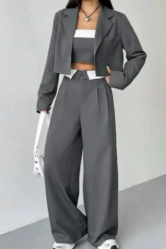 Compleu de Dama, din Bistrech, Doua Piese, Sacou cu Inchidere Nasturi si Pantalon Lejer cu Betelie Alba , Irene, Gri