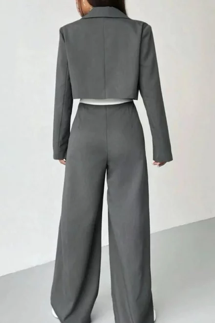 Compleu de Dama, din Bistrech, Doua Piese, Sacou cu Inchidere Nasturi si Pantalon Lejer cu Betelie Alba , Irene, Gri