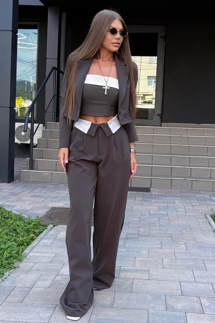 Compleu de Dama, din Bistrech, Doua Piese, Sacou cu Inchidere Nasturi si Pantalon Lejer cu Betelie Alba , Irene, Gri