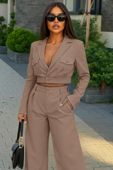 Compleu de Dama, din Bistrech, Doua Piese, Sacou Scurt si Pantalon Lung, Lejer, Sahara, Capuccino