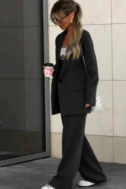 Compleu de Dama, din Bistrech, Doua Piese, Sacou si Pantaloin Lejer, Nabba, Negru