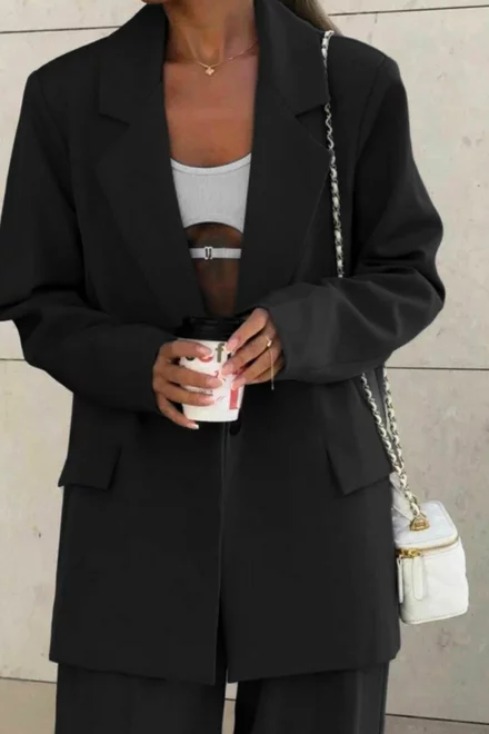 Compleu de Dama, din Bistrech, Doua Piese, Sacou si Pantaloin Lejer, Nabba, Negru