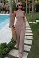 Compleu de Dama, din Bistrech, Doua Piese, Top cu Inchidere Cordon si Pantalon Lejer cu Buzunare, Gorgeous, Cappucino