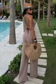 Compleu de Dama, din Bistrech, Doua Piese, Top cu Inchidere Cordon si Pantalon Lejer cu Buzunare, Gorgeous, Cappucino