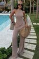 Compleu de Dama, din Bistrech, Doua Piese, Top cu Inchidere Cordon si Pantalon Lejer cu Buzunare, Gorgeous, Cappucino