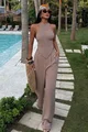 Compleu de Dama, din Bistrech, Doua Piese, Top cu Inchidere Cordon si Pantalon Lejer cu Buzunare, Gorgeous, Cappucino