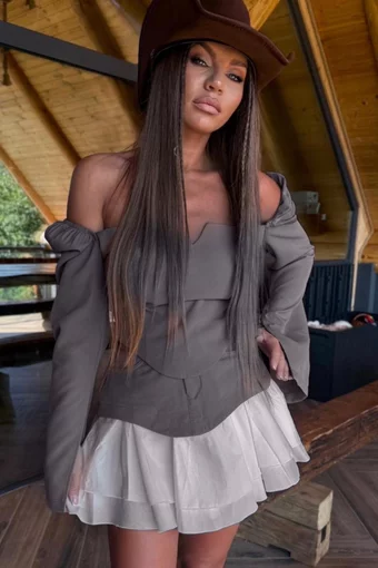 Compleu de Dama, din Bistrech, Doua Piese, Top pe Umeri si Fusta cu Poplin Alb, Mexicanna, Gri