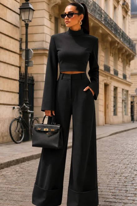 Compleu de Dama, din Bistrech, Doua Piese, Top si Pantalon cu Tiv Lat, Glamoure, Negru