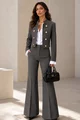 Compleu de Dama, din Bistrech, Jacheta cu Bride si Pantalon Evazat, Chanin, Gri