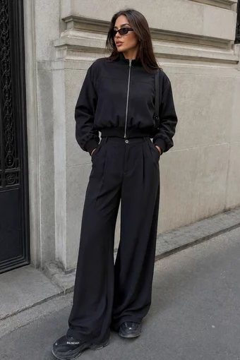 Compleu de Dama , din Bistrech, Jacheta si Pantalon Lung, Vienesse, Negru