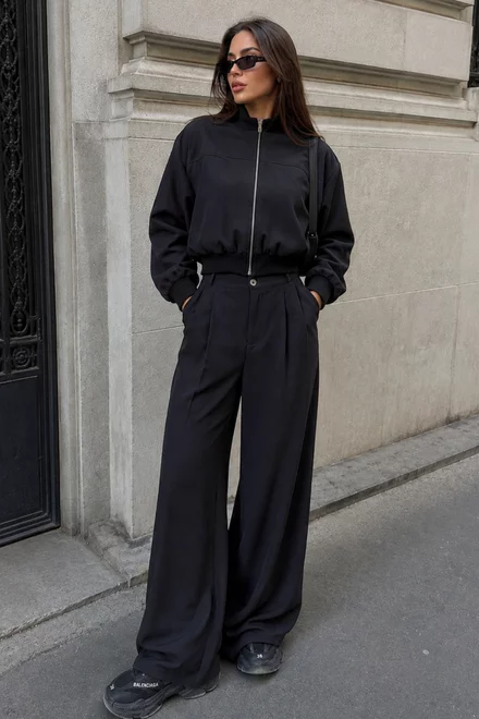 Compleu de Dama , din Bistrech, Jacheta si Pantalon Lung, Vienesse, Negru