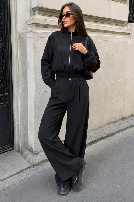 Compleu de Dama , din Bistrech, Jacheta si Pantalon Lung, Vienesse, Negru