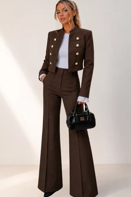 Compleu de Dama, din Bistrech, Jacheta si Pantaloni Evazati, Cambia, Maro