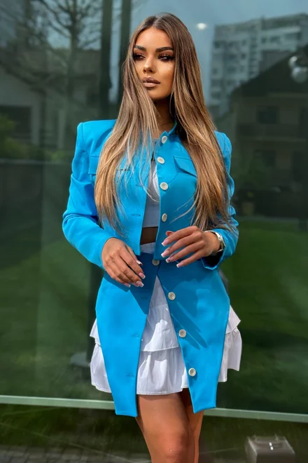 Compleu de Dama, din  Bistrech, Sacou Scurt si Fusta cu Decupaj si Volane, Allurre, Albastru