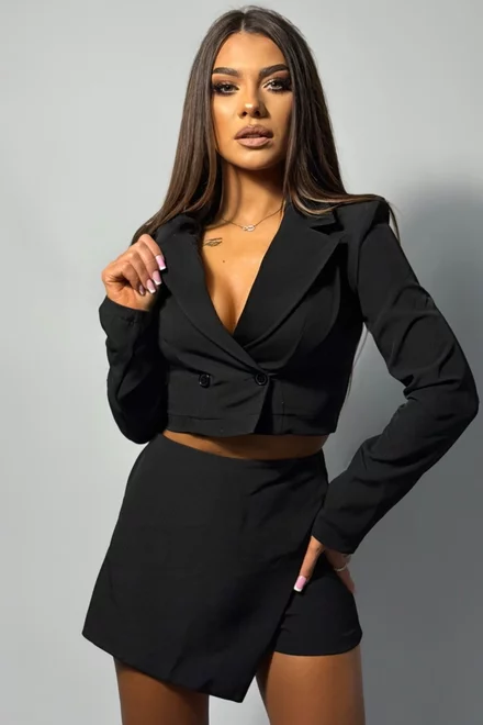 Compleu de Dama, din Bistrech, Sacou Scurt si Fusta Pantalon, Boemmia, Negru