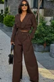 Compleu de Dama, din Bistrech, Sacou Scurt si Pantalon Lung Lejer, Ethiope, Maro