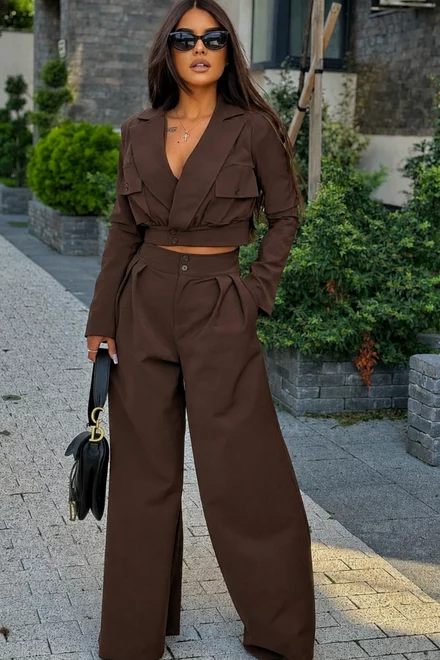 Compleu de Dama, din Bistrech, Sacou Scurt si Pantalon Lung Lejer, Ethiope, Maro