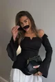 Compleu de Dama din Bistrech, Top pe Umeri cu Maneci Crapate, si Fusta din Poplin Alb, Fantasia, Neagra