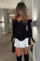 Compleu de Dama din Bistrech, Top pe Umeri cu Maneci Crapate, si Fusta din Poplin Alb, Fantasia, Neagra