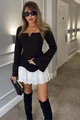 Compleu de Dama din Bistrech, Top pe Umeri cu Maneci Crapate, si Fusta din Poplin Alb, Fantasia, Neagra
