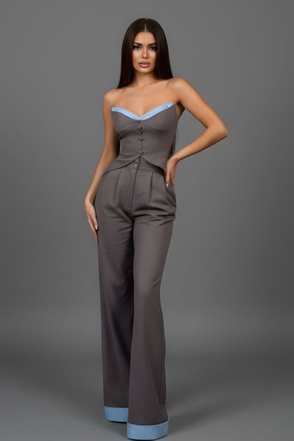 dr althea 345 cream mini Compleu De Dama, Din Bistrech, Top Scurt Si Pantalon Lejer, Althea, Gri